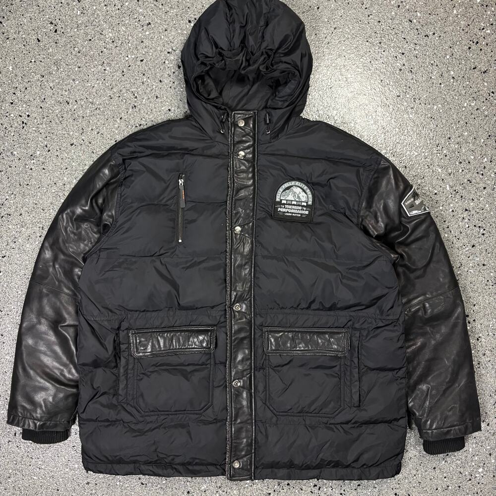 Vintage Y2k Pelle Pelle Marc Buchanan Black Puffer Jacket w/ Leather Sleeves